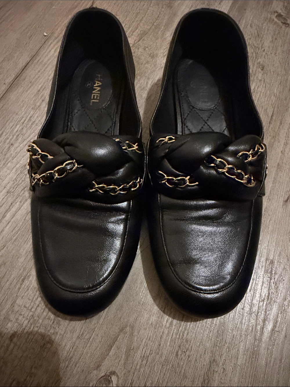 CHANEL Black Leather Chain Braided Loafers